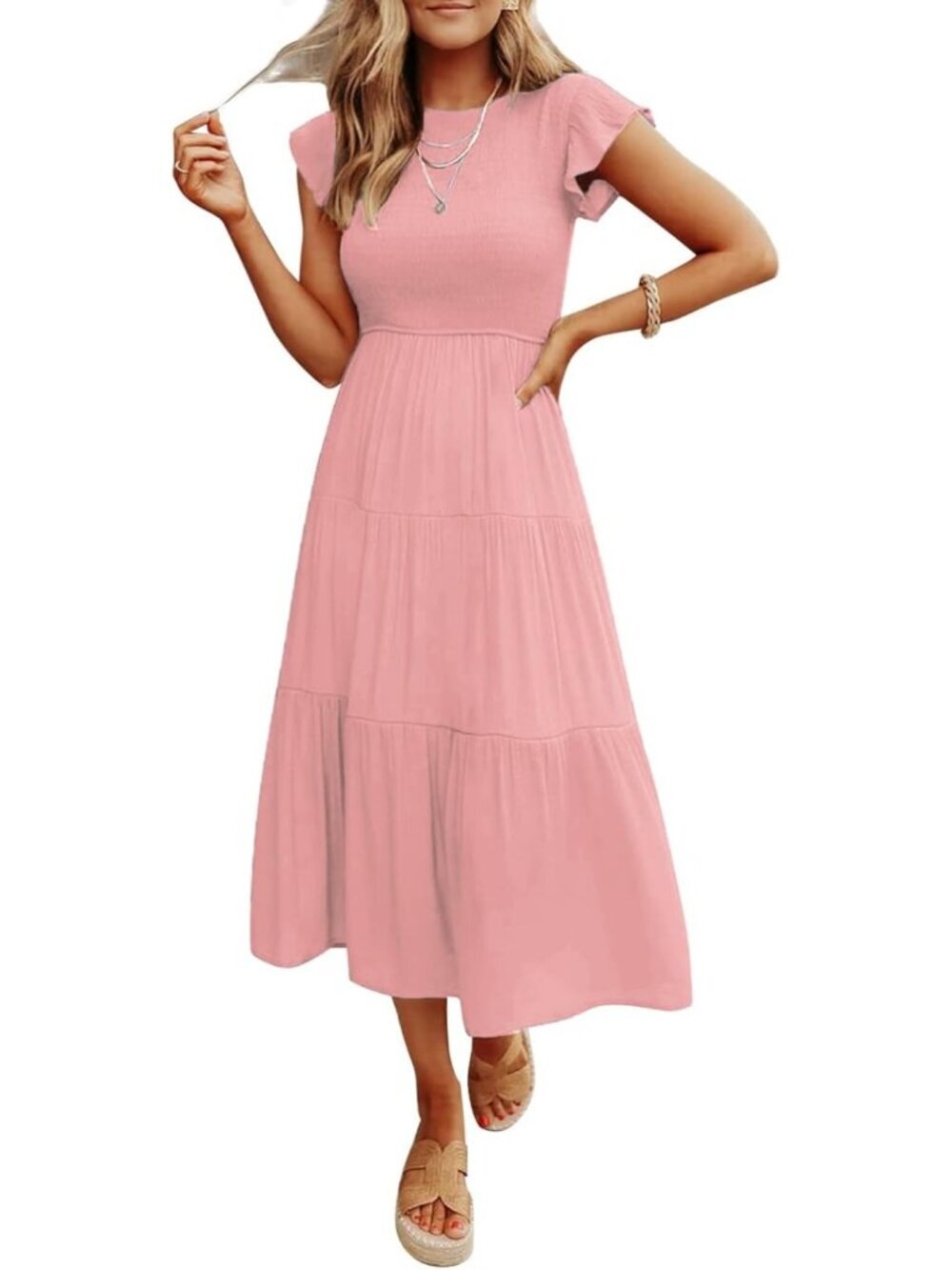 Women's Pink Summer Casual Midi Dress Boho Flutter Sleeve Crew Neck Smocked
